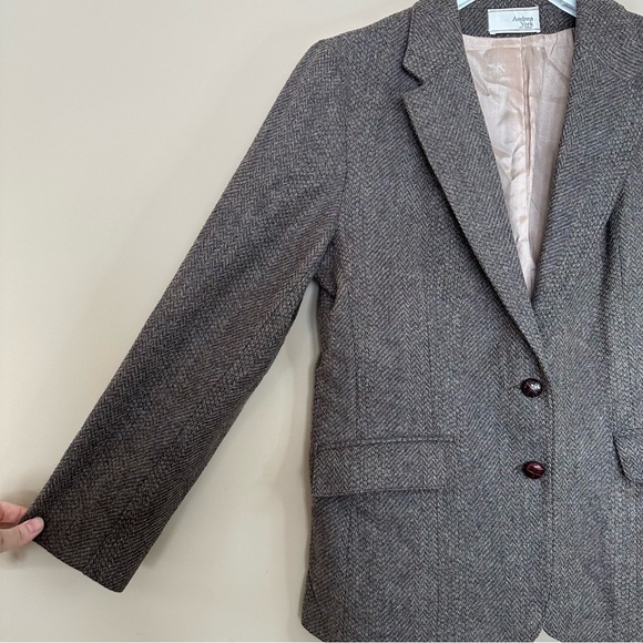 Vintage Andrea York by Farah Women 16 Wool Blazer Herringbone Academia Brown Gra - Picture 3 of 12